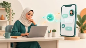 موظفة تستخدم مساعد محادثة ذكيًا لخدمة عملاء متجر إلكتروني